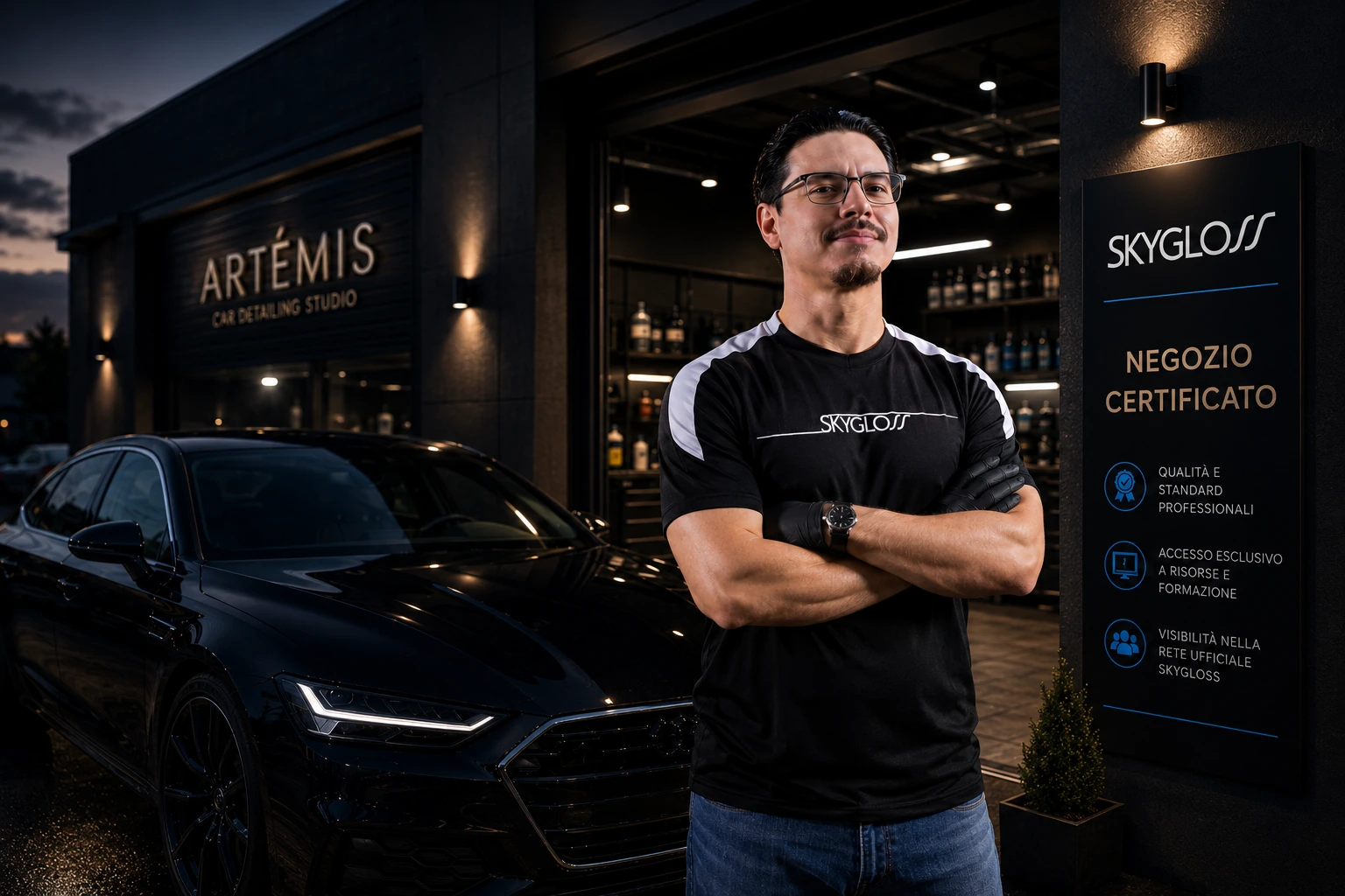 Professionista davanti al proprio centro di estetica automobilistica